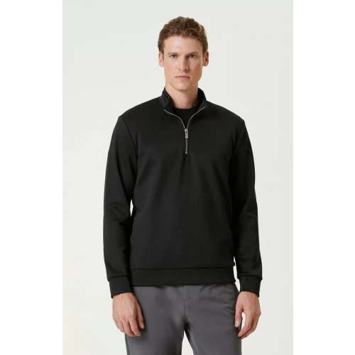 Unisex Uzun Kol Yarım Farmuarlı Yakalı Basic SweatShirt - Siyah