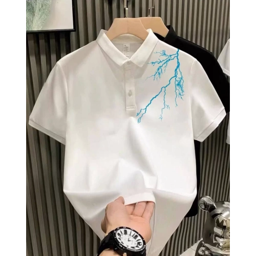 Unisex Yakası Düğmeli Oversize Baskılı T-Shirt - Beyaz