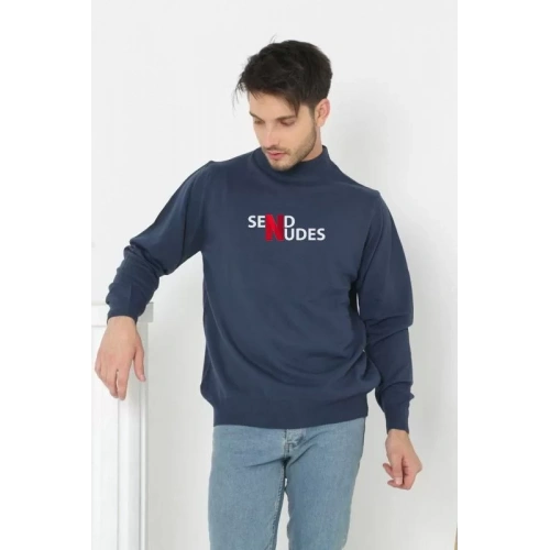 Unisex Yarım Boğazlı Baskılı Dokuma Triko - Indigo