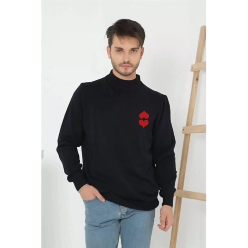 Unisex Yarım Boğazlı Baskılı Dokuma Triko - Lacivert