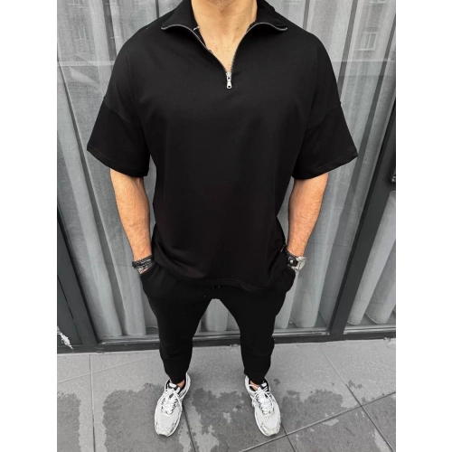 Unisex Yarım Fermuarlı Basic T-Shirt - Siyah