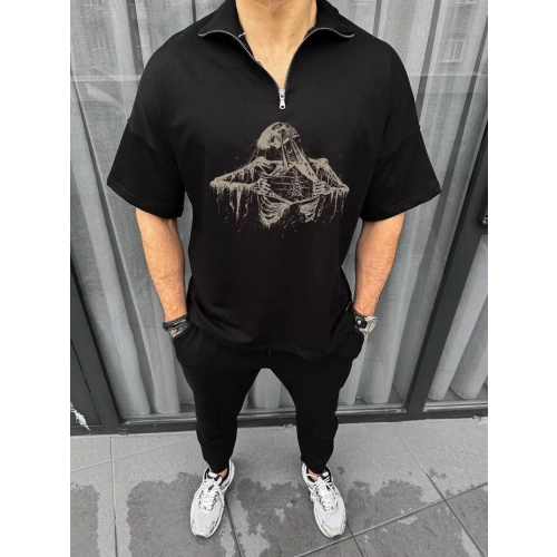 Unisex Yarım Fermuarlı Baskılı Oversize T-Shirt - Siyah