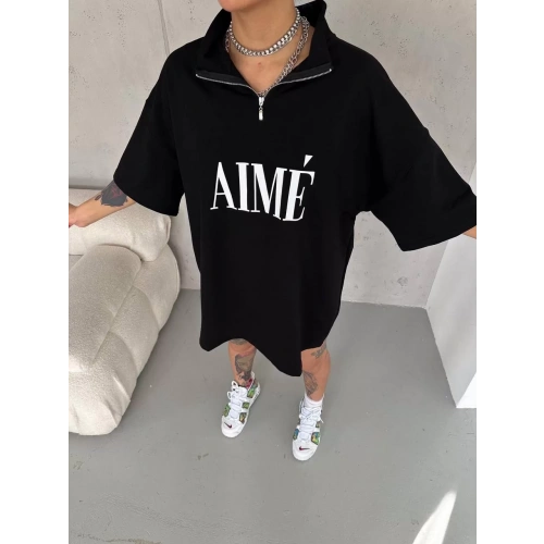 Unisex Yarım Fermuarlı Baskılı T-Shirt - Siyah