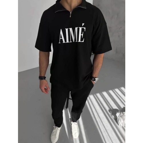 Unisex Yarım Fermuarlı Baskılı T-Shirt - Siyah