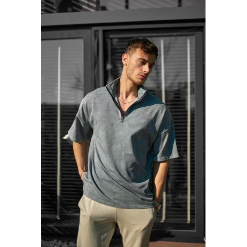 Unisex Yarım Fermuarlı Yıkamalı T-Shirt - Gri