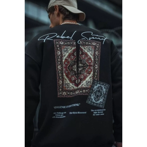 Uzun Kol Bisiklet Yaka Baskılı SweatShirt - Siyah