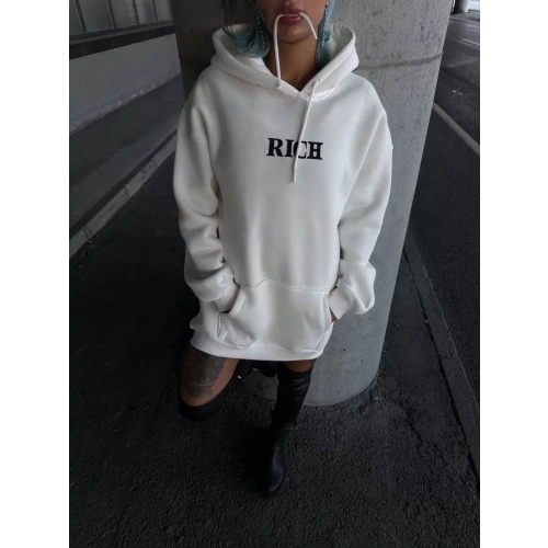 Uzun Kol Kapüşonlu Göğüs Baskılı SweatShirt - Beyaz