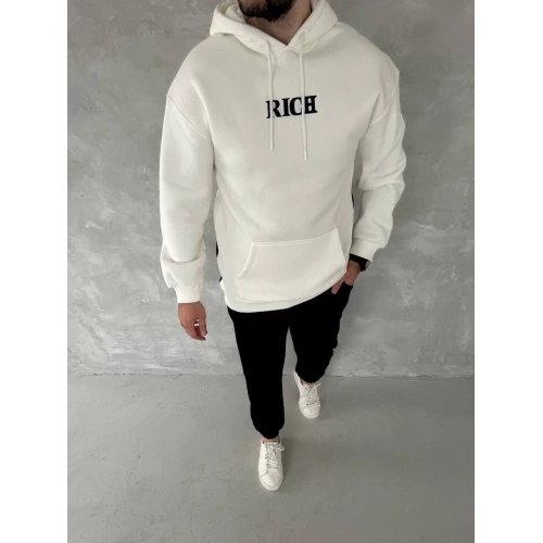 Uzun Kol Kapüşonlu Göğüs Baskılı SweatShirt - Beyaz