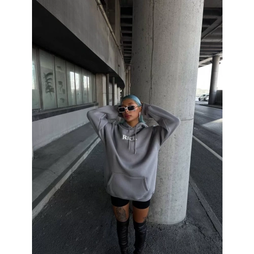 Uzun Kol Kapüşonlu Göğüs Baskılı SweatShirt - Gri