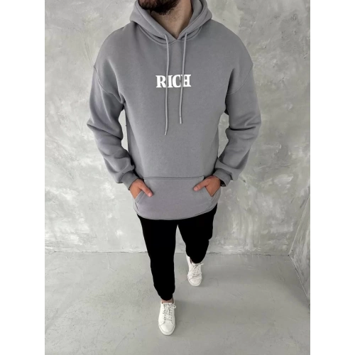 Uzun Kol Kapüşonlu Göğüs Baskılı SweatShirt - Gri