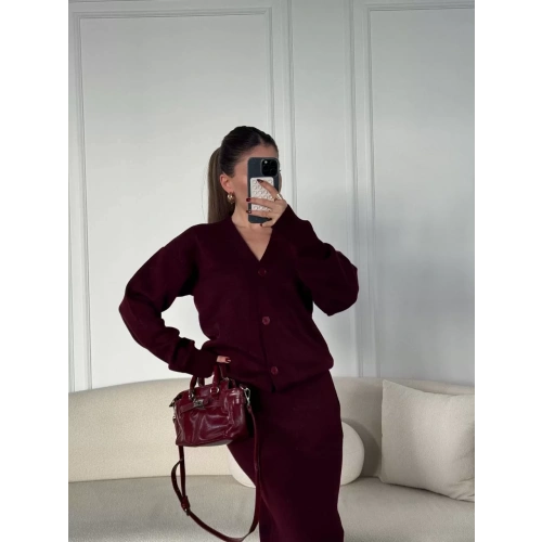 V Yaka 3 Düğmeli Hırka Takım Triko İkili Etekli - Bordo