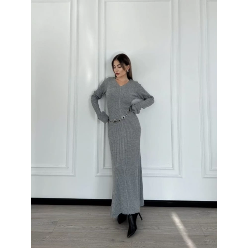 V Yaka Fitilli Uzun Elbise- Gri