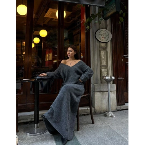 V Yaka Straplez Yaka  Buluz Uzun Etekli ikili Takım Triko  - Antrasit