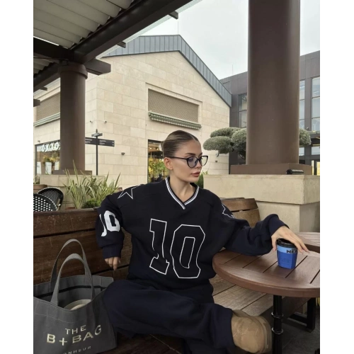 V Yaka Üç İplik Sweat Takım - Siyah