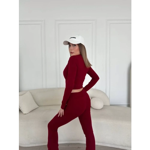 V yaka uzun kollu bluz İspanyol paçalı tayt İkili Takım - Bordo