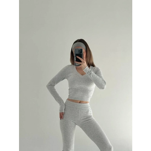 V yaka uzun kollu bluz İspanyol paçalı tayt İkili Takım - Gri