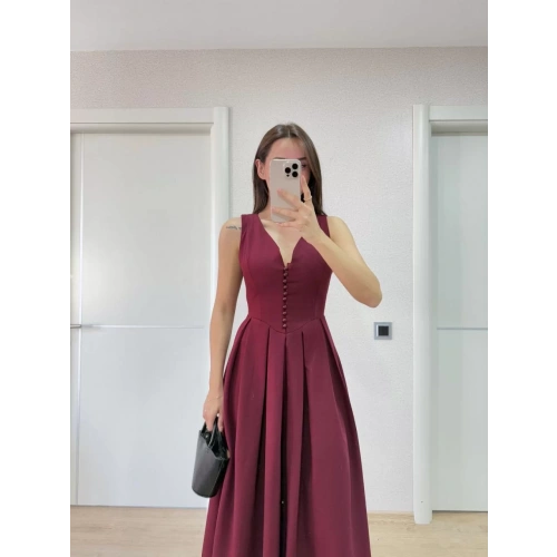 V yaka Uzun Kolsuz Elbise- Bordo