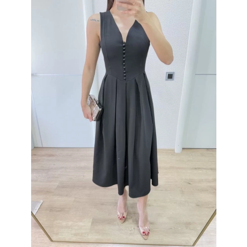 V yaka Uzun Kolsuz Elbise- Siyah