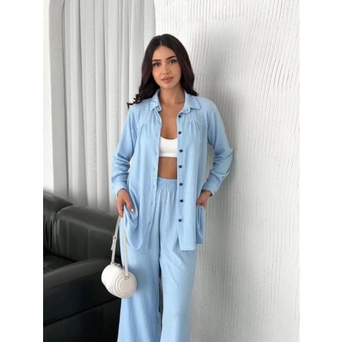 Yakalı Düğmeli Uzun Kollu Gömlek Pantolon ikili Takım - Bebek Mavisi