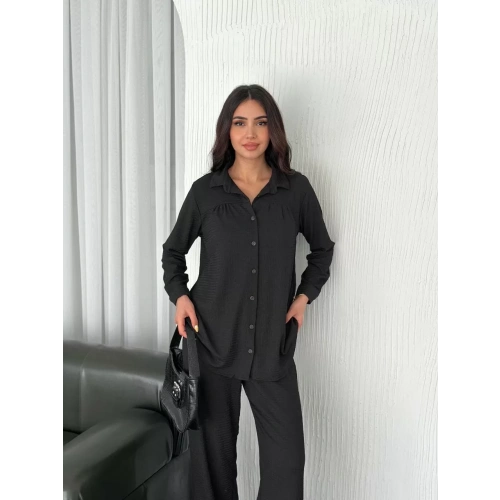 Yakalı Düğmeli Uzun Kollu Gömlek Pantolon ikili Takım - Siyah