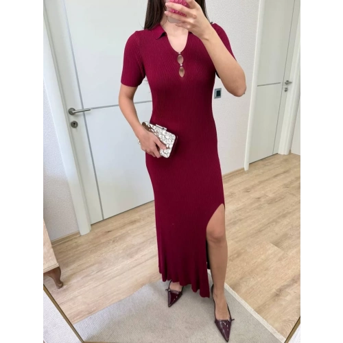 Yakalı Fitilli Kısa kollu Uzun Triko Elbise - Bordo