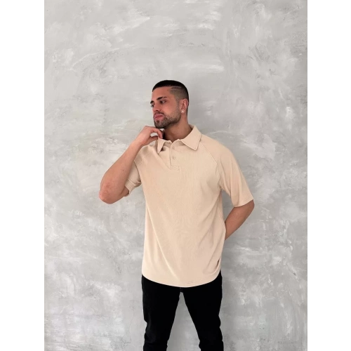 Yakalı Patlı Kısa Kol T-shirt - Bej