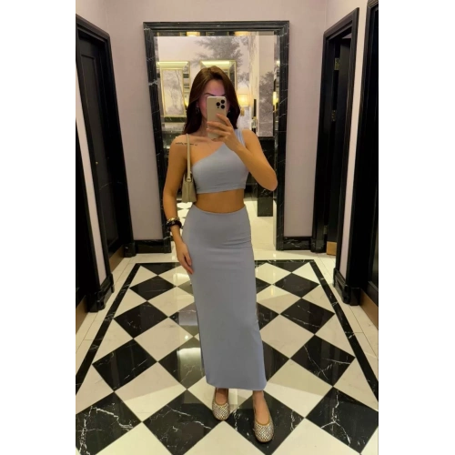 Yandan yırtmaçlı Uzun Etek asimetrik crop İkili Takım - Bebek Mavisi