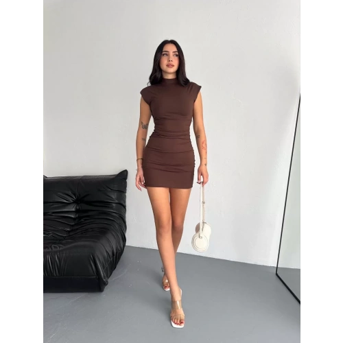 Yarım Bogazlı Kolsuz Mini Boy Elbise - Kahve