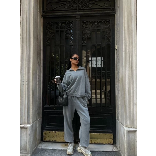 Yıkamalı iki iplik Kumaş  Yakalı Fermuarlı Oversize  Eşofman Takımı - Gri