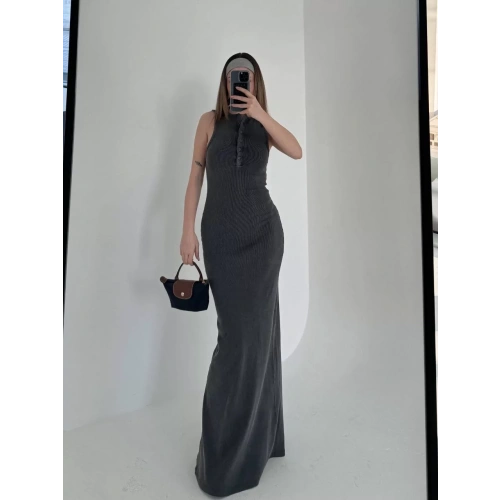 Yırtmaç Detaylı Kolsuz Düğmeli Yıkamalı Uzun  Elbise - Antrasit