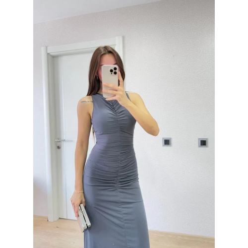 Yırtmaç Detaylı kolsuz Elbise - Füme