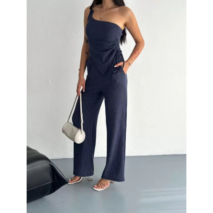Asimetrik Crop Pantalon ikili Takım - Lacivert