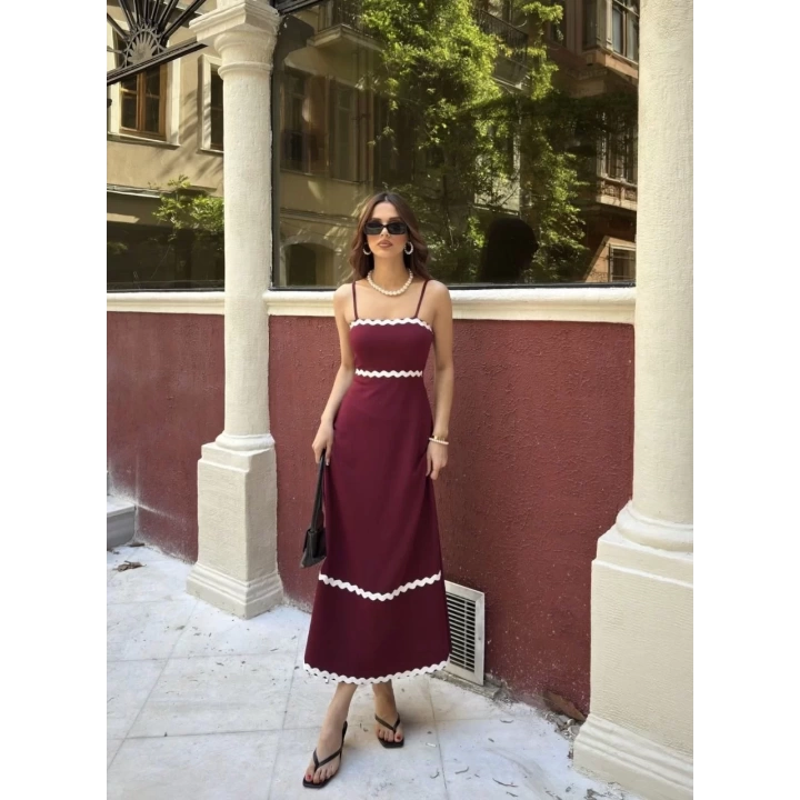 Askılı Uzun Şerit Detaylı Şık ve Rahat Elbise - Bordo