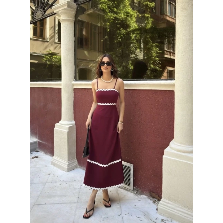 Askılı Uzun Şerit Detaylı Şık ve Rahat Elbise - Bordo