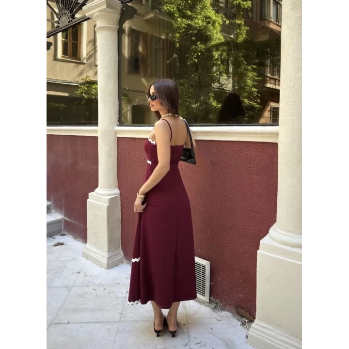 Askılı Uzun Şerit Detaylı Şık ve Rahat Elbise - Bordo