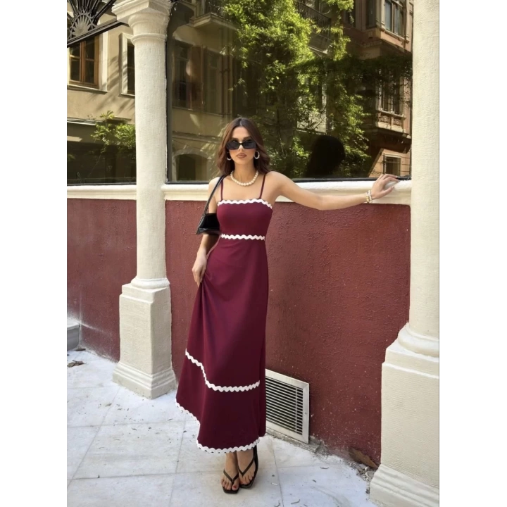 Askılı Uzun Şerit Detaylı Şık ve Rahat Elbise - Bordo