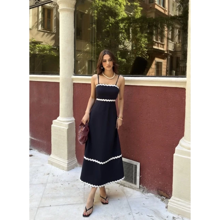 Askılı Uzun Şerit Detaylı Şık ve Rahat Elbise - Lacivert