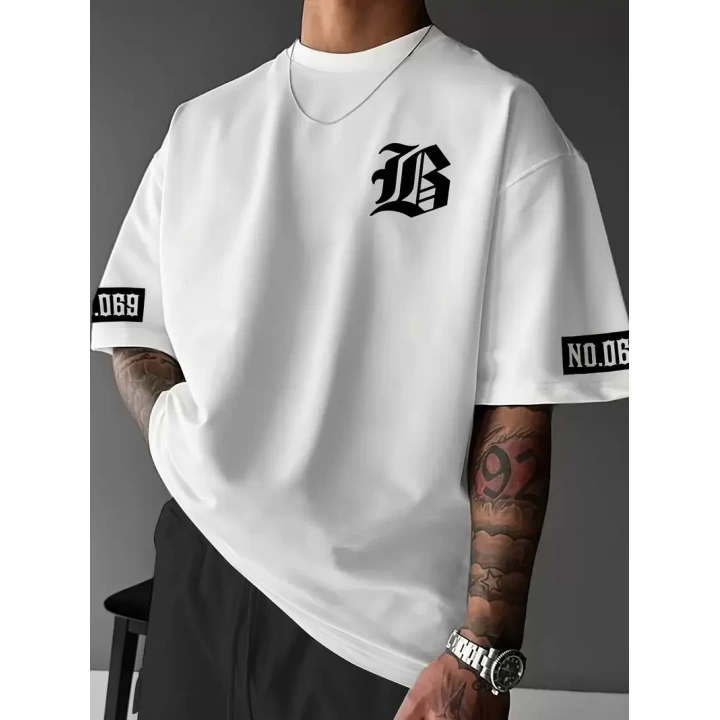Baskılı Oversize Bisiklet Yaka T-shirt - Beyaz