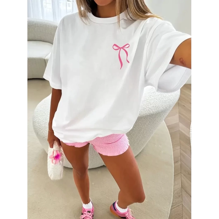 Baskılı Oversize Bisiklet Yaka T-shirt - Beyaz
