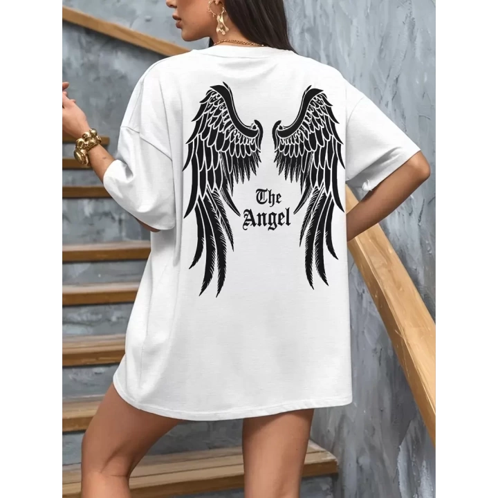 Baskılı Oversize Bisiklet Yaka T-shirt - Beyaz