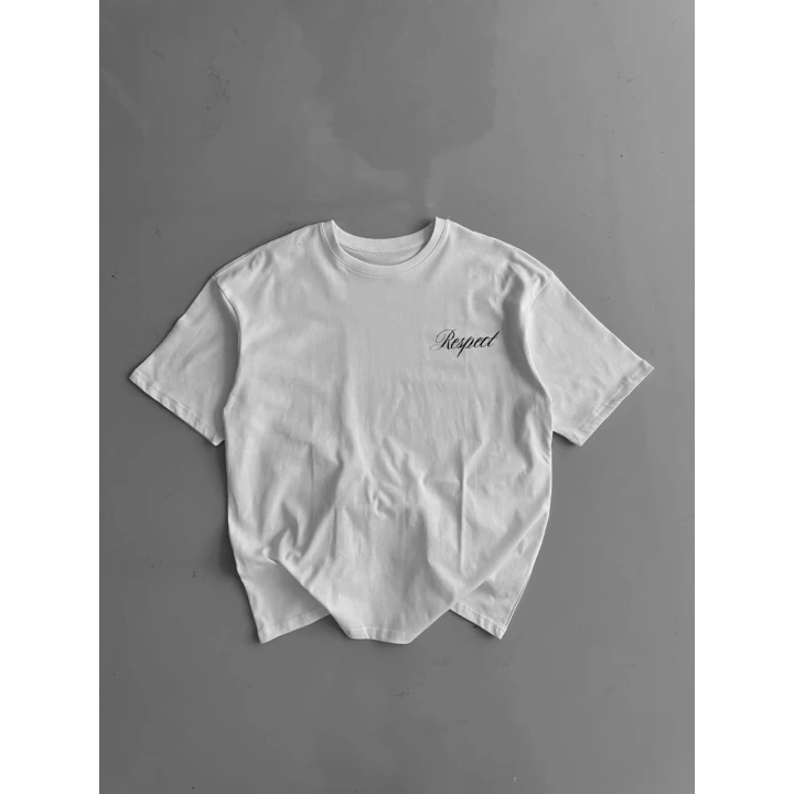 Baskılı Oversize Bisiklet Yaka T-shirt - Beyaz