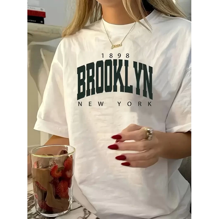 Baskılı Oversize Bisiklet Yaka T-shirt - Beyaz