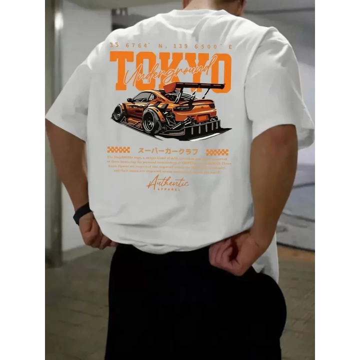 Baskılı Oversize Bisiklet Yaka T-shirt - Beyaz