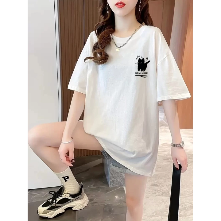 Baskılı Oversize Bisiklet Yaka T-shirt - Beyaz