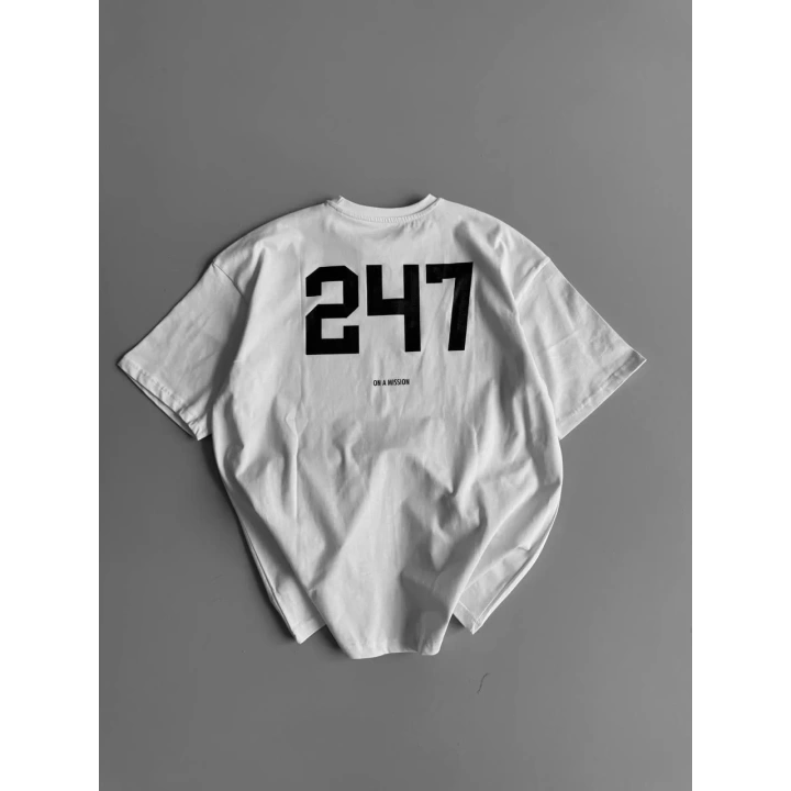 Baskılı Oversize Bisiklet Yaka T-shirt - Beyaz