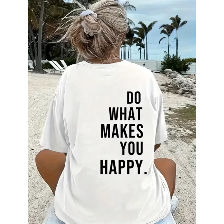 Baskılı Oversize Bisiklet Yaka T-shirt - Beyaz