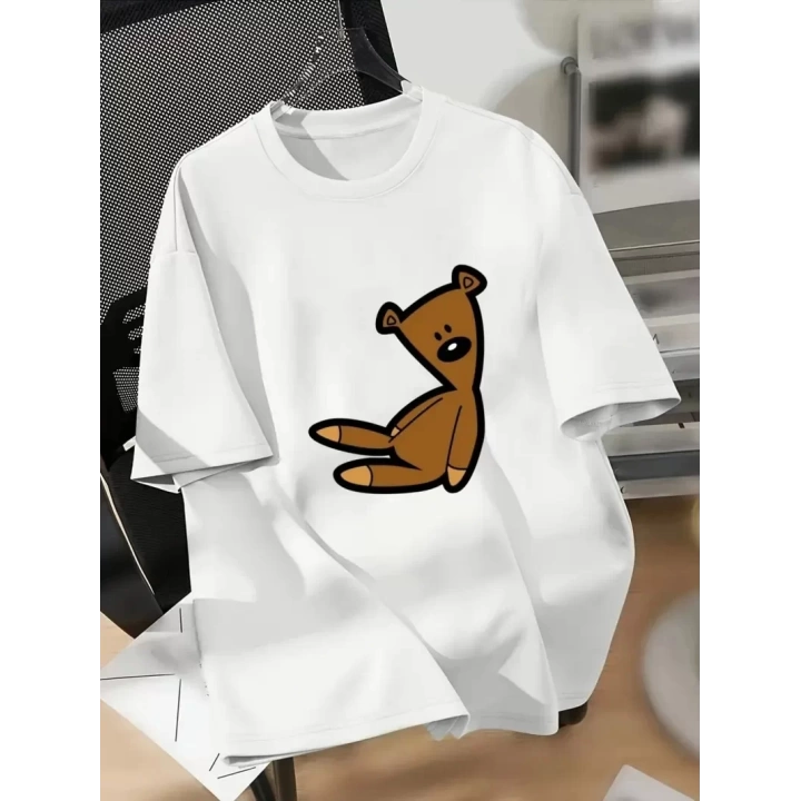 Baskılı Oversize Bisiklet Yaka T-shirt - Beyaz