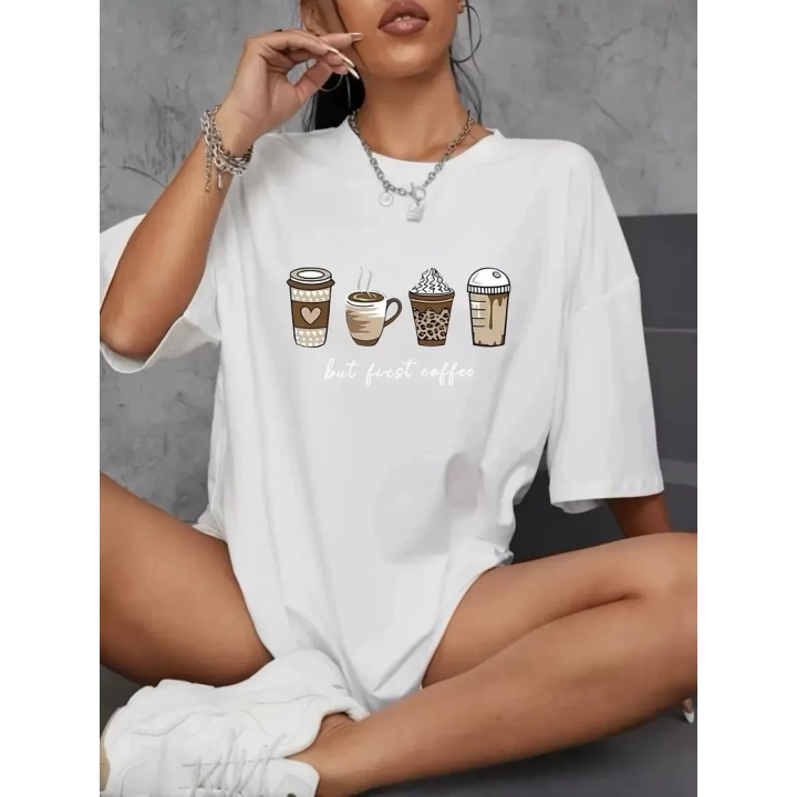 Baskılı Oversize Bisiklet Yaka T-shirt - Beyaz