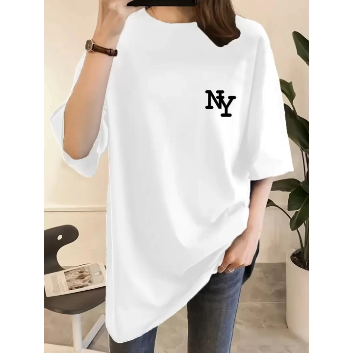 Baskılı Oversize Bisiklet Yaka T-shirt - Beyaz