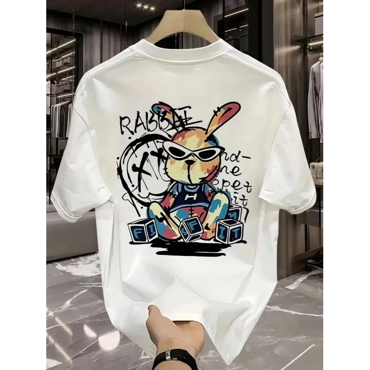 Baskılı Oversize Bisiklet Yaka T-shirt - Beyaz